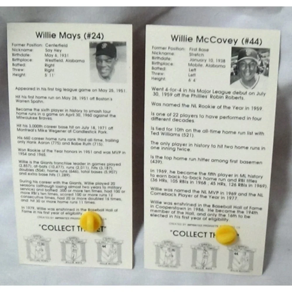 SF Giants Chevron Hall of Famer Willie Mays / Willie McCovey TWO Pins #161